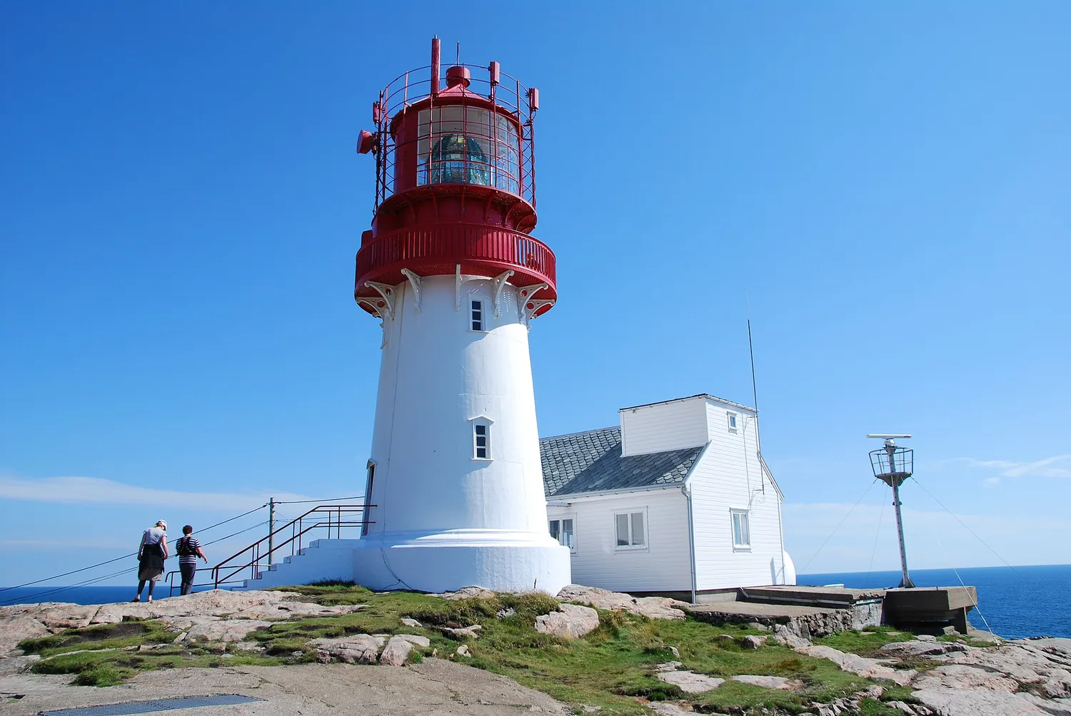 Lindesnes fyr – hvitt tårn med rødt lanternehus, besøkende på svaberget